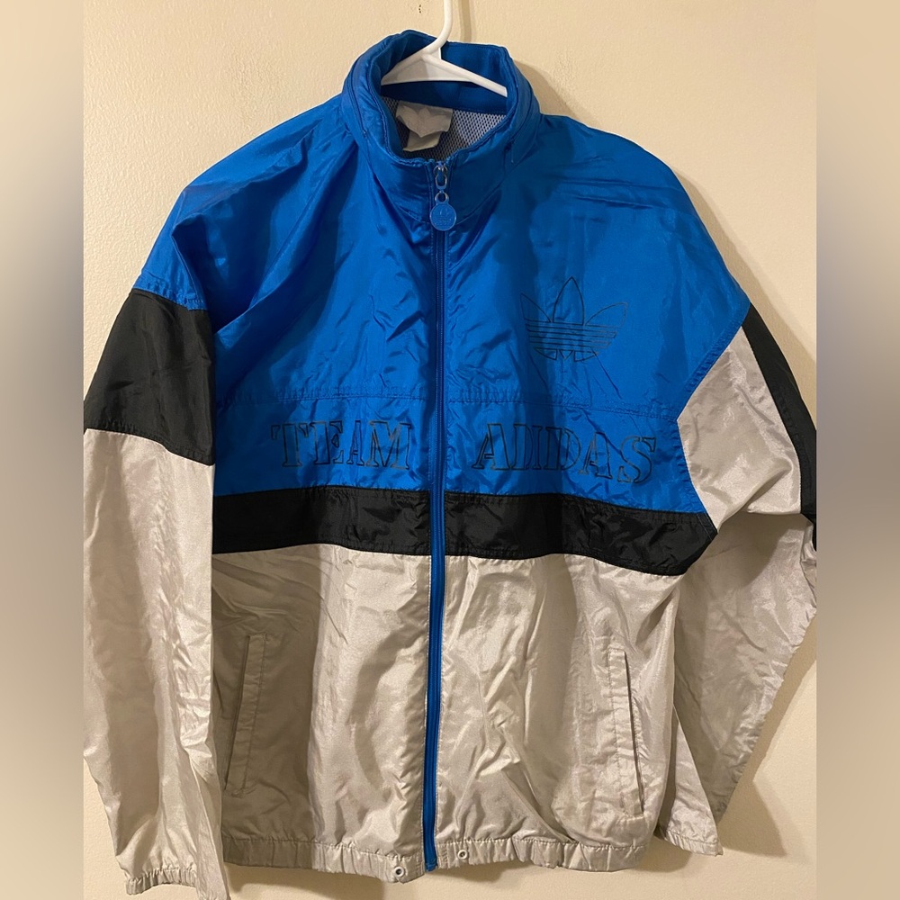 VTG 1980s 1990s Blue White Team Adidas Full Zip‎ Windbreaker Track Jacket Medium
